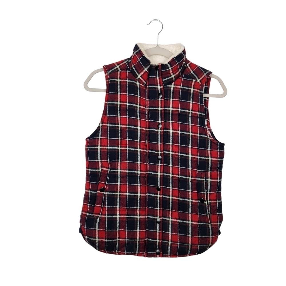 Skies are Blue Plaid Vest Sherpa Red Blue White Womens Size XS